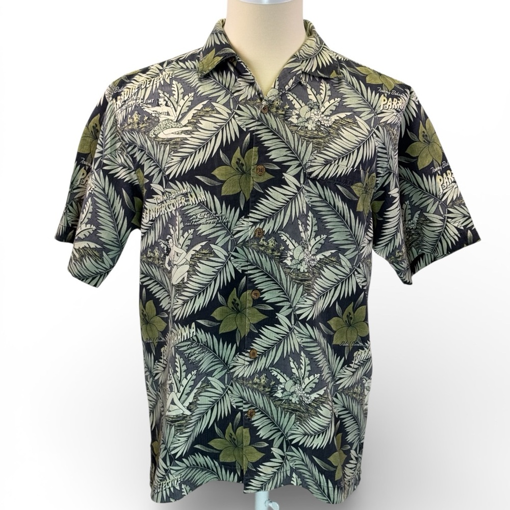 Tommy Bahama Silk Blue Green Hawaiian Palm Hula Girl Men's Shirt‎ Size S